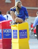 EXCLUSIVE: Jessica Hart wears denim shorts for a photoshoot in New York City