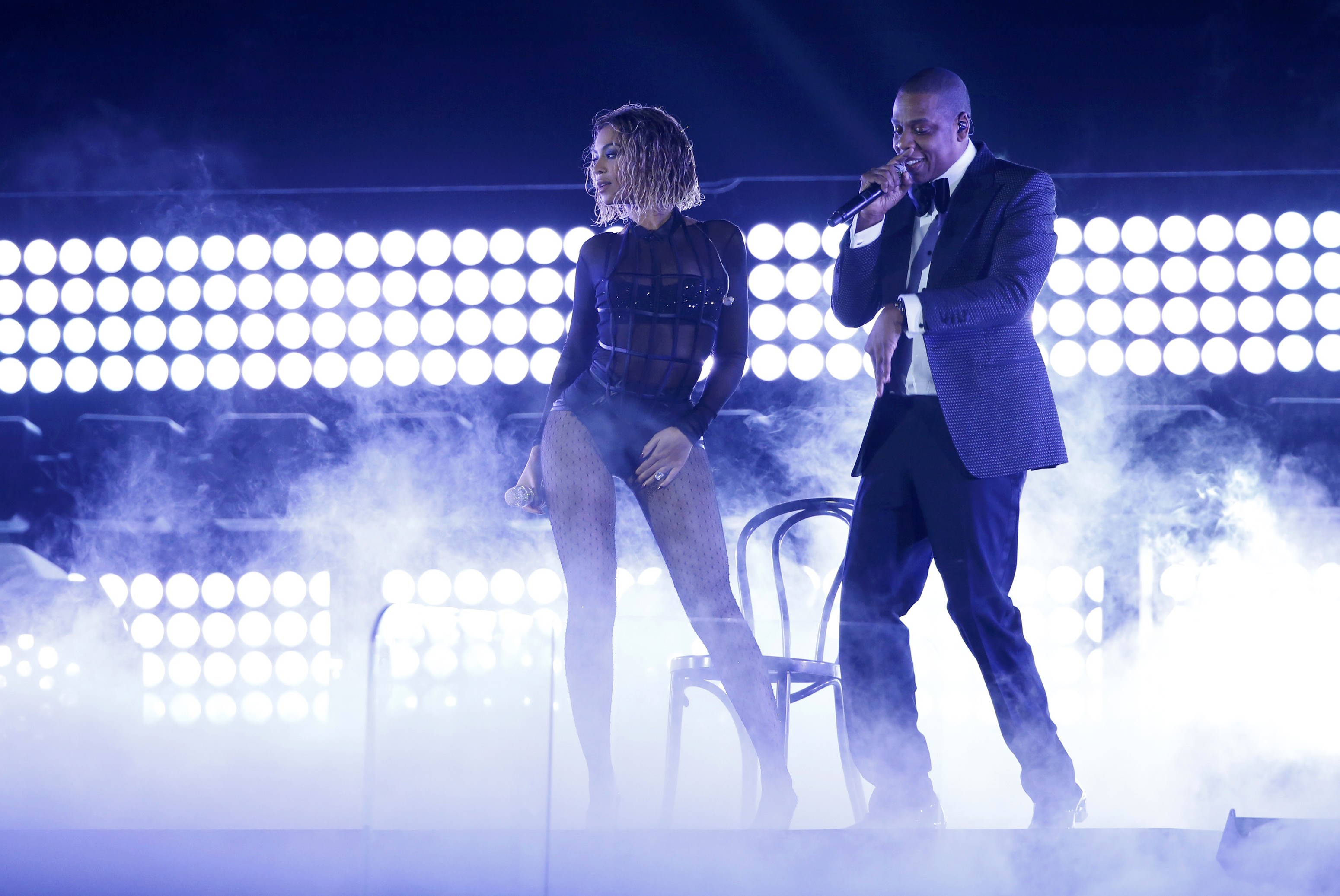 Beyonce and her husband Jay-Z perform at the 56th annual Grammy Awards in Los Angeles