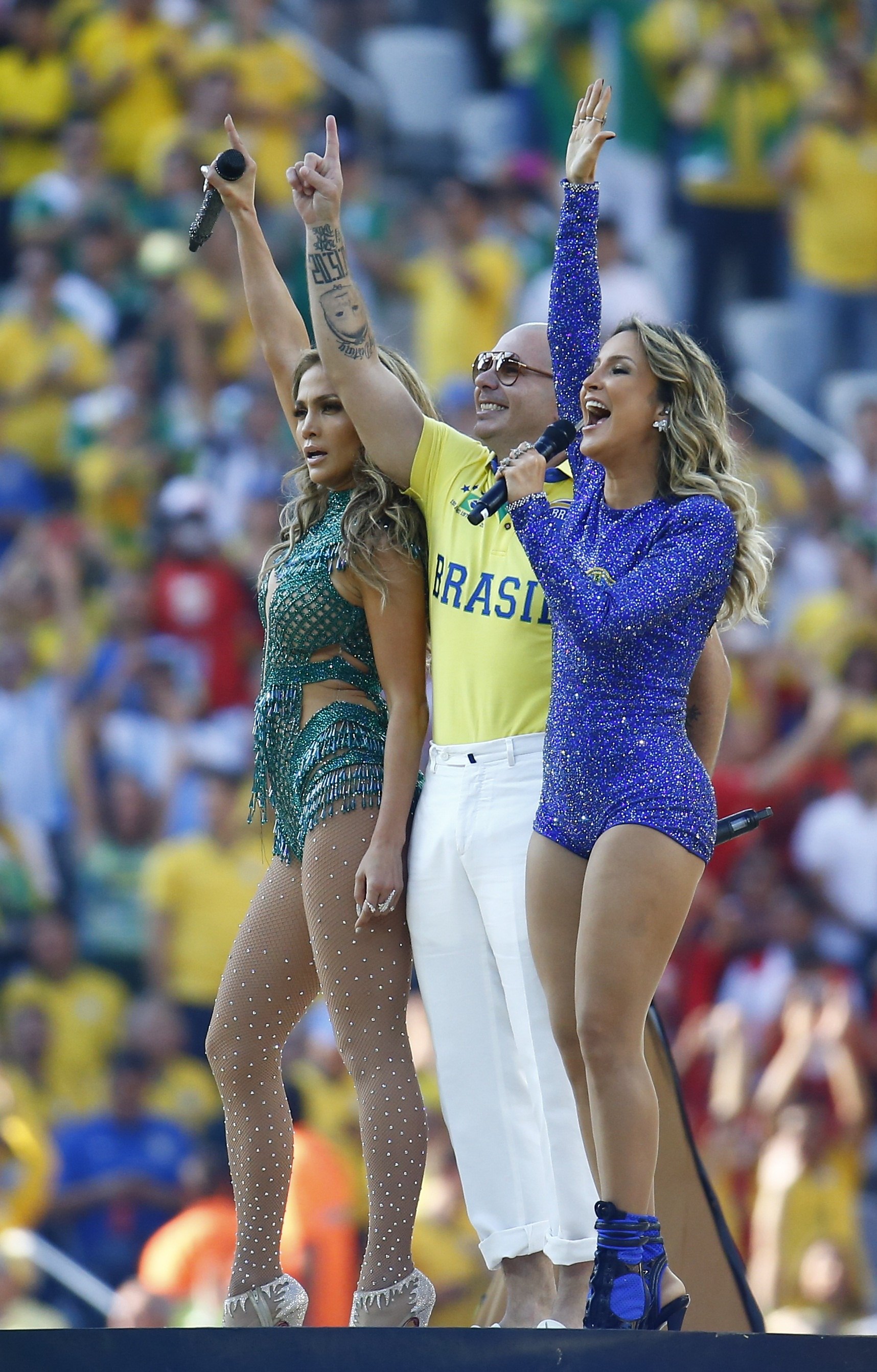 Singer Pitbull , Lopez and Leitte Perform during the opening ceremony of the 2014 World Cup at the Corinthians arena in Sao Paulo