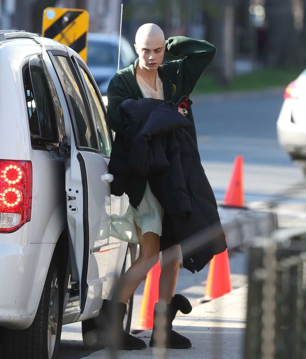 Cara Delevingne Shaved Head on the Set of “Life in a Year” in Toronto