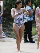 Eva Longoria in Swimsuit under a Fountain in Hawaii