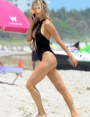 Joy Corrigan in Black Swimsuit on the Beach in Miami