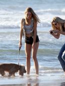 Kimberley Garner Taking her Dog Sasha for a Walk on the Beach in Santa Monica