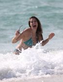 Imogen Thomas in Teal Bikini on a Beach in Spain