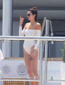 Kendall Jenner in White Swimsuit in Cannes