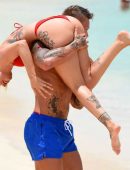 Olivia Buckland in Red Bikini on the Beach in Cape Verde