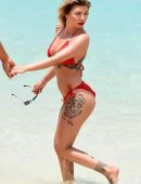 Olivia Buckland in Red Bikini on the Beach in Cape Verde