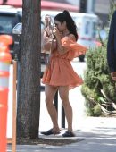 Vanessa Hudgens Leggy in Orange Dress Out in LA