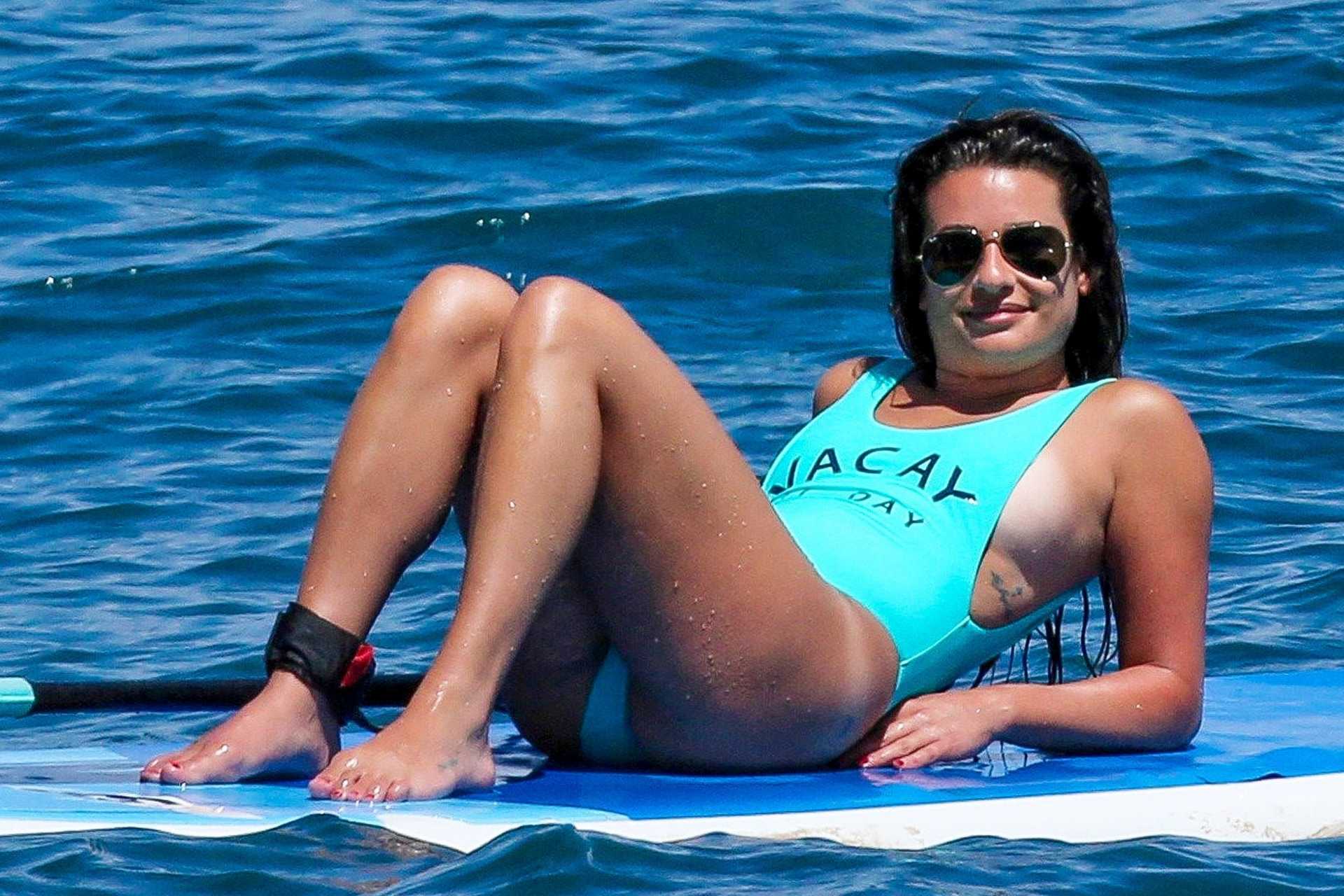 Lea-Michele-in-Green-Swimsuit-at-a-Beach-in-Hawaii-13
