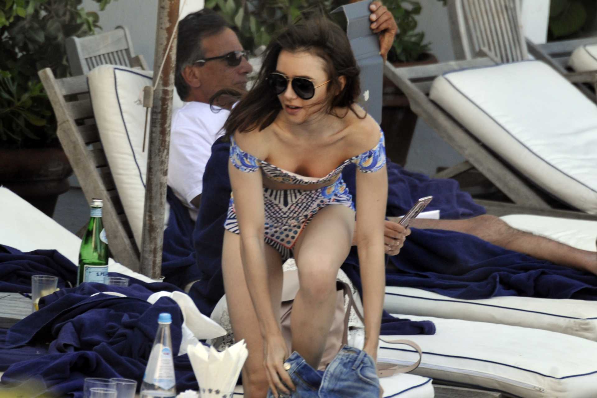 Lily Collins at a Beach in Ischia
