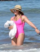 Hilary Duff in Pink Swimsuit at Beach in Kihei