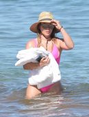 Hilary Duff in Pink Swimsuit at Beach in Kihei