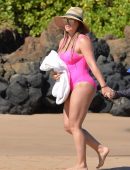 Hilary Duff in Pink Swimsuit at Beach in Kihei