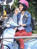 Lucy Hale on a Vespa on Set of 'Life Sentence' in Vancouver