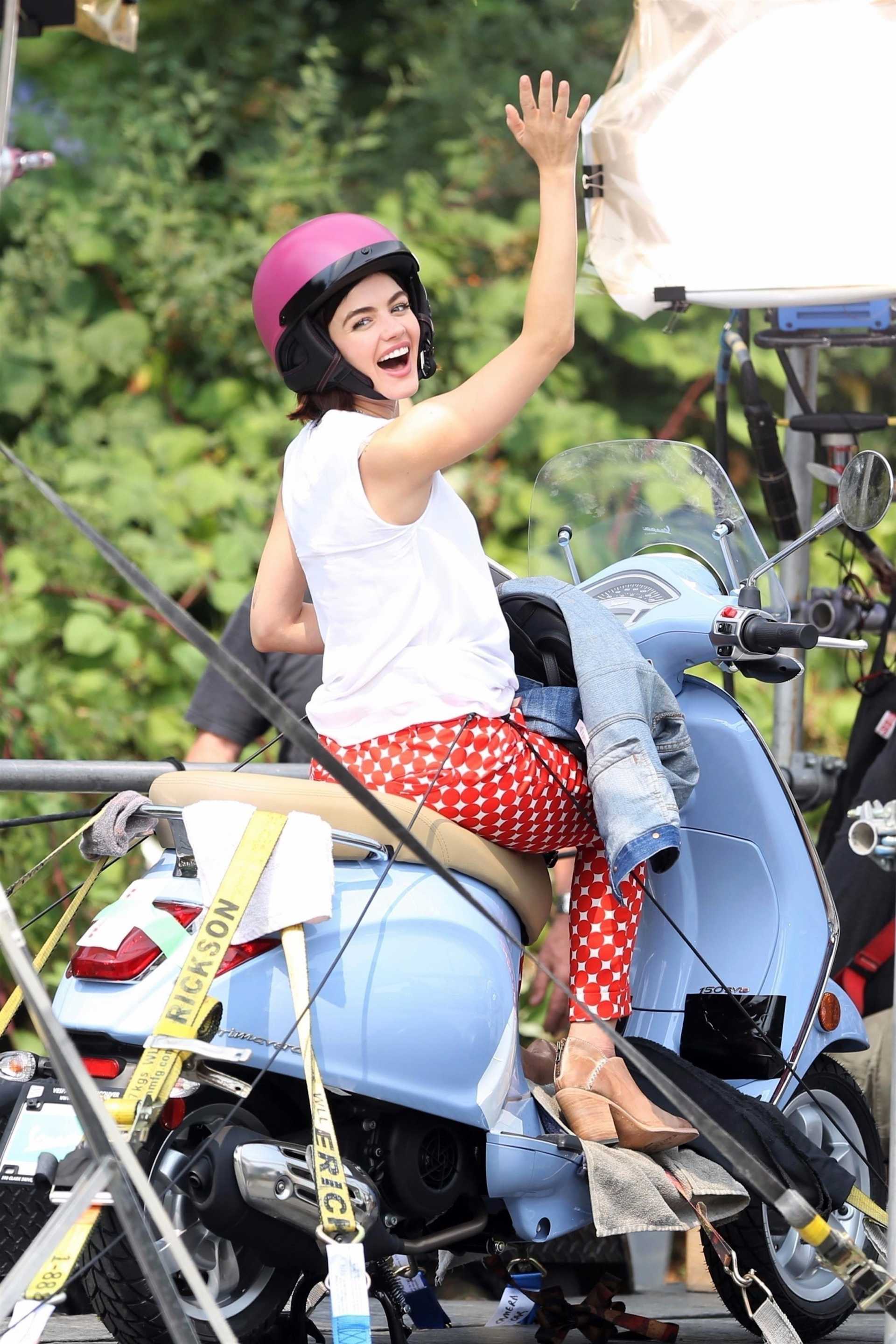Lucy Hale on a Vespa on Set of 'Life Sentence' in Vancouver