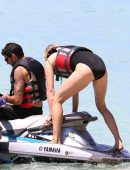 Jodie Kidd in Black Swimsuit at Beach in Barbados