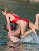 Ola Jordan in Red Swimsuit on the Beach in Skiathos