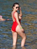 Ola Jordan in Red Swimsuit on the Beach in Skiathos
