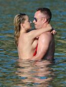 Ola Jordan in Red Swimsuit on the Beach in Skiathos
