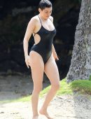 Rose McGowan in Black Swimsuit at a Beach in Hawaii