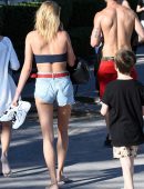 Hailey Baldwin in Shorts on the Beach in Miami