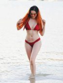 Sarah Goodhart in Red Bikini on the Beach in Tenerife