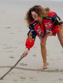 Blanca Blanco Photoshoot in a Red Racing Jacket on a Malibu Beach