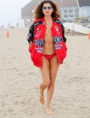 Blanca Blanco Photoshoot in a Red Racing Jacket on a Malibu Beach