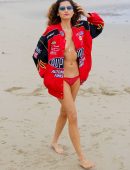 Blanca Blanco Photoshoot in a Red Racing Jacket on a Malibu Beach