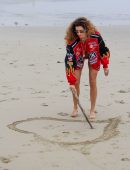 Blanca Blanco Photoshoot in a Red Racing Jacket on a Malibu Beach