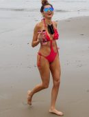 Blanca Blanco in Red Swimsuit on the Beach in Malibu