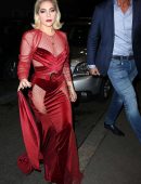 Lady Gaga in See-Through Red Dress Leaving her Hotel in Milan