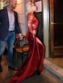 Lady Gaga in See-Through Red Dress Leaving her Hotel in Milan