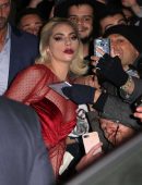 Lady Gaga in See-Through Red Dress Leaving her Hotel in Milan