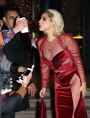 Lady Gaga in See-Through Red Dress Leaving her Hotel in Milan