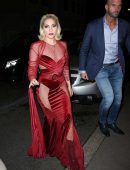 Lady Gaga in See-Through Red Dress Leaving her Hotel in Milan