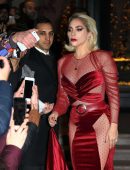 Lady Gaga in See-Through Red Dress Leaving her Hotel in Milan
