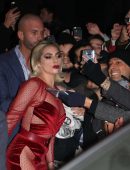 Lady Gaga in See-Through Red Dress Leaving her Hotel in Milan