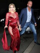 Lady Gaga in See-Through Red Dress Leaving her Hotel in Milan