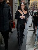 Bella Hadid Braless in Black Dress in Milan
