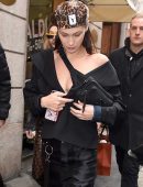 Bella Hadid Braless in Black Dress in Milan