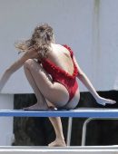 Daniela Lopez Osorio in Red Swimsuit at Hotel Cap Eden Roc in Antibes