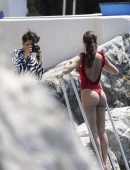 Daniela Lopez Osorio in Red Swimsuit at Hotel Cap Eden Roc in Antibes