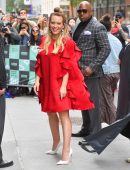 Hilary Duff in Red Dress Outside AOL Build in NYC