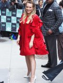 Hilary Duff in Red Dress Outside AOL Build in NYC