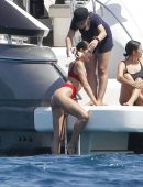 Olivia Culpo Booty in Red Bikini on a Yacht in Formentera