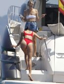 Olivia Culpo Booty in Red Bikini on a Yacht in Formentera