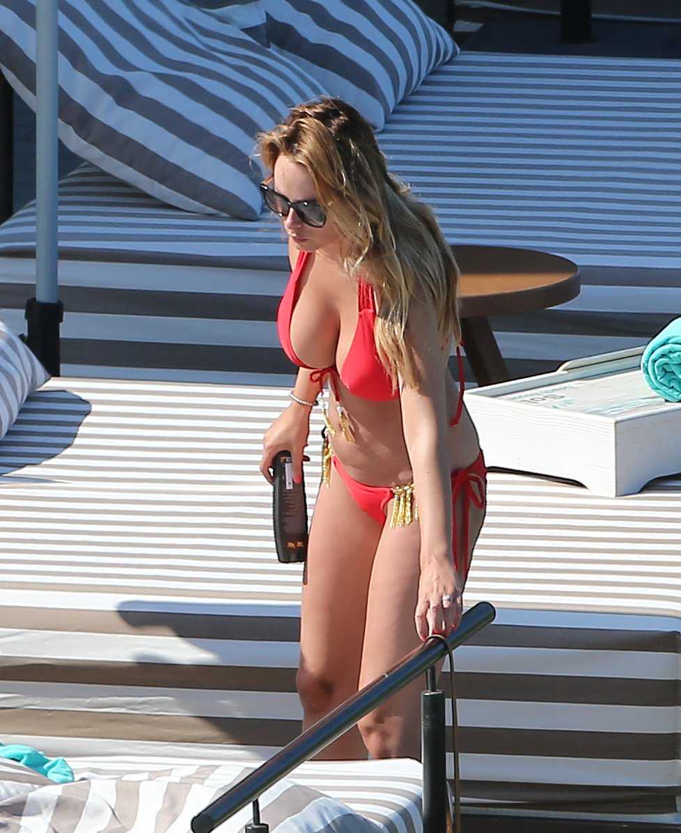 Rhian Sugden in Red Bikini Relaxing in Ibiza