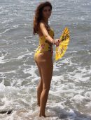 Blanca Blanco in Yellow Swimsuit at Malibu Beach