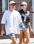 Hailey Baldwin with Justin Bieber in Denim Shorts Out in NYC